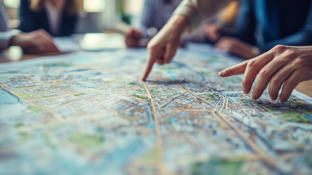 Participants actively discuss urban planning, pointing to various areas on a large map of the city, emphasizing collaboration and strategic planning